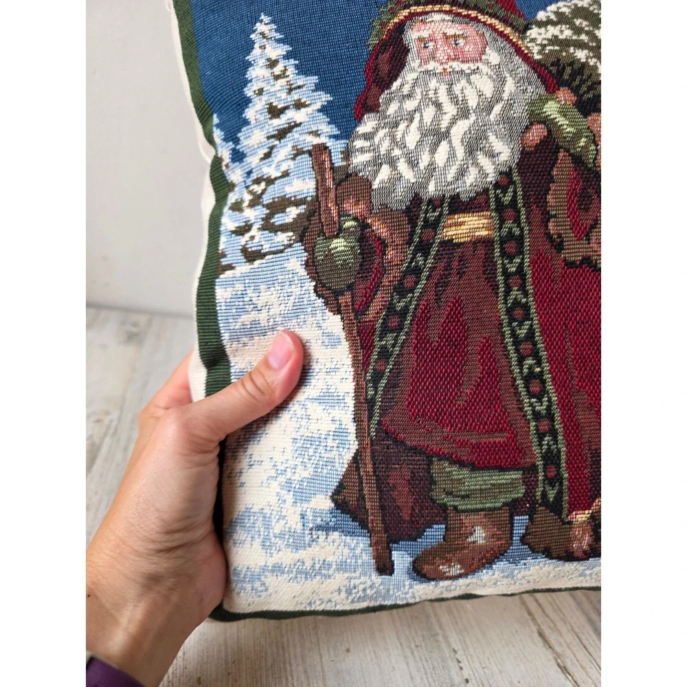 Vintage embroidered father Santa Claus pillow Xmas decor winter scene